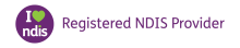 Logo with the text "I ♥ ndis" in a purple circle, accompanied by "Registered NDIS Provider" in purple text.